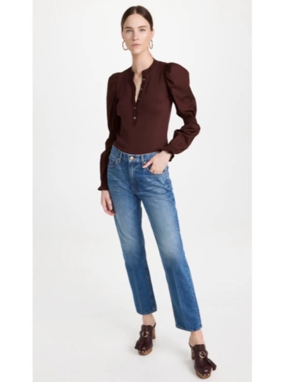 Veronica Beard Effy Top Size Small Oxblood Poet Sleeve Puff Sleeve Ribbed Henley - Picture 5 of 14